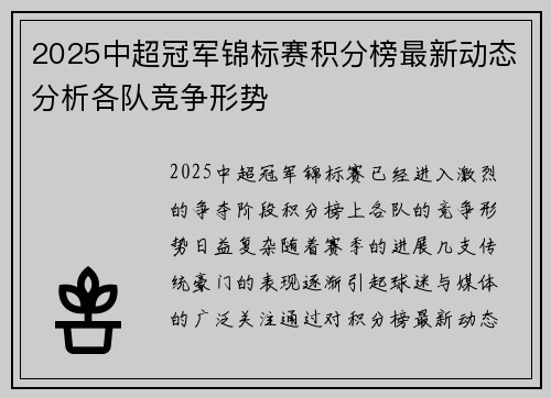 2025中超冠军锦标赛积分榜最新动态分析各队竞争形势