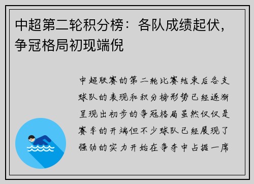 中超第二轮积分榜：各队成绩起伏，争冠格局初现端倪