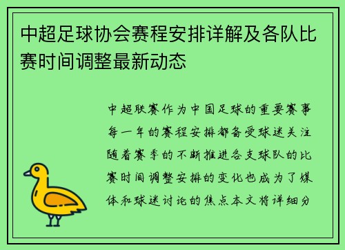 中超足球协会赛程安排详解及各队比赛时间调整最新动态